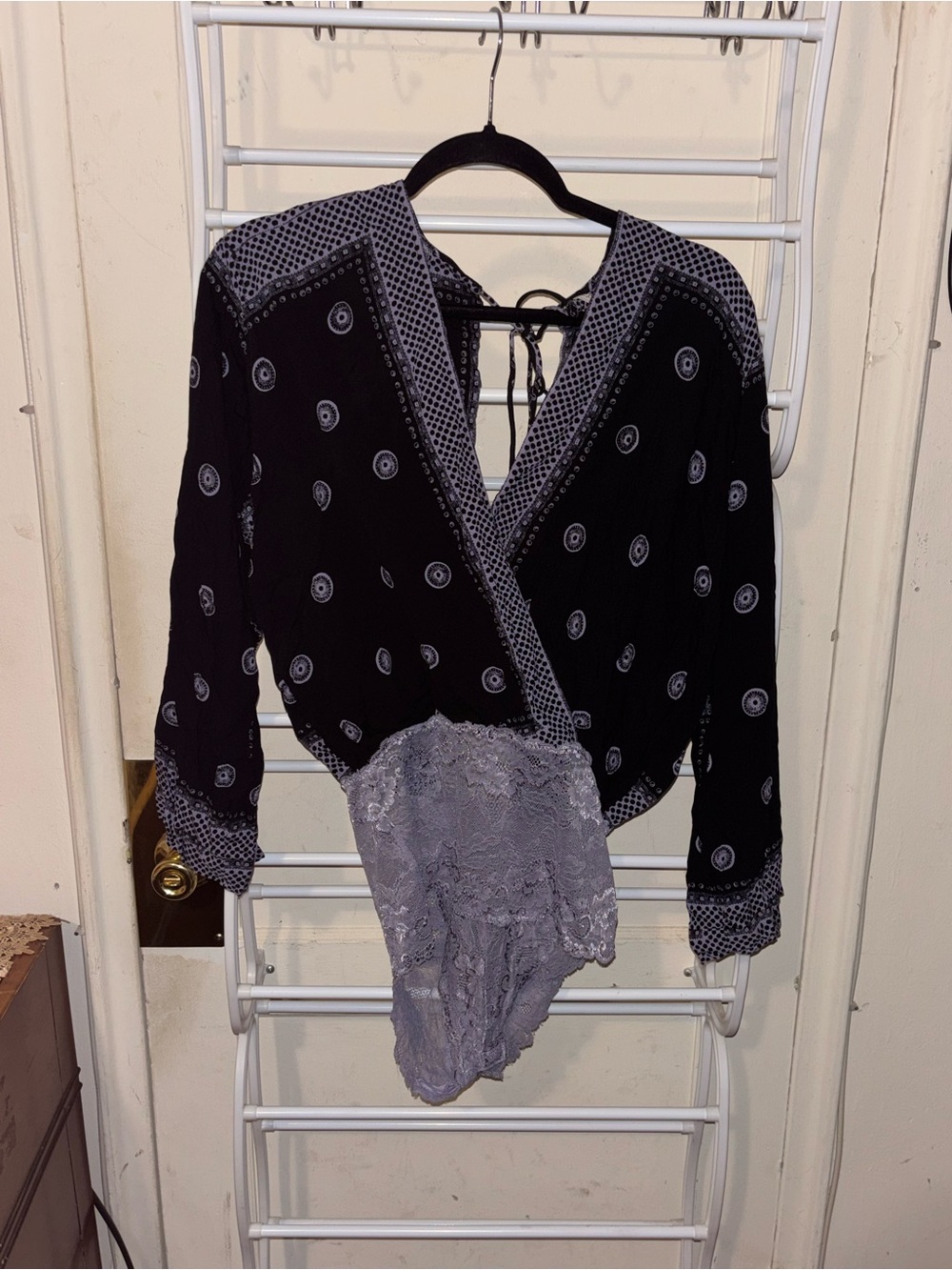 Free People Black and Gray Wrap-Style Women's Top with Lace Trim Grunge Hippie
